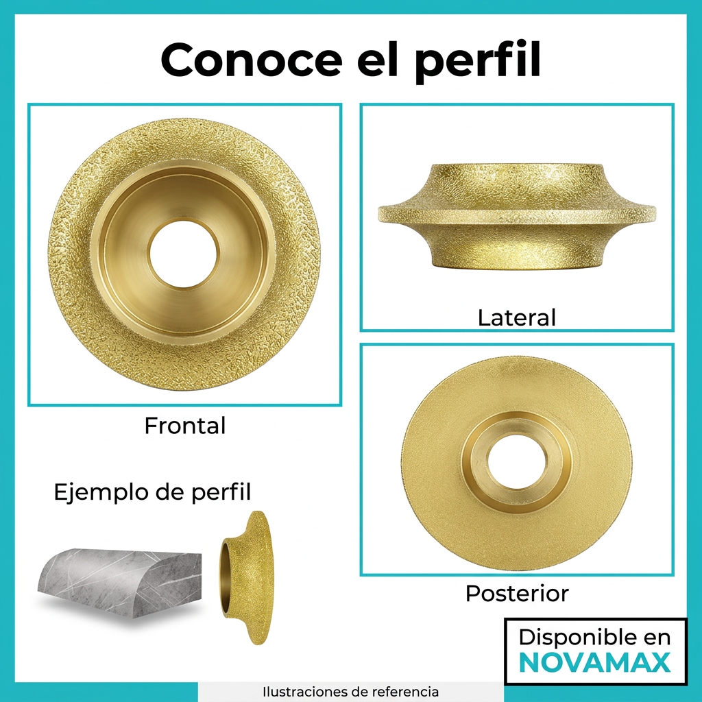 Ilustraciones de referencia de la rueda diamantada en distintos ángulos