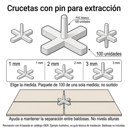 Lámina didáctica de crucetas con pin: referencias de 1, 2 y 3 mm, paquete de 100 de una medida y ejemplo ilustrativo. Recreación con IA, no fotografía ni guía técnica.